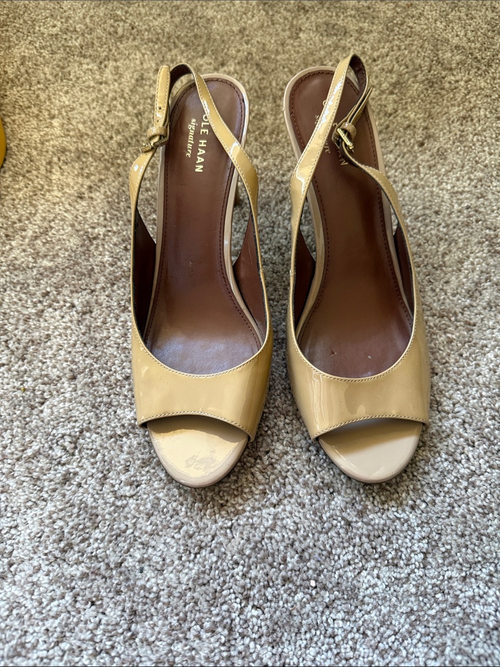 Cole Haan Beige Patent Slingback Peep-Toe Heels